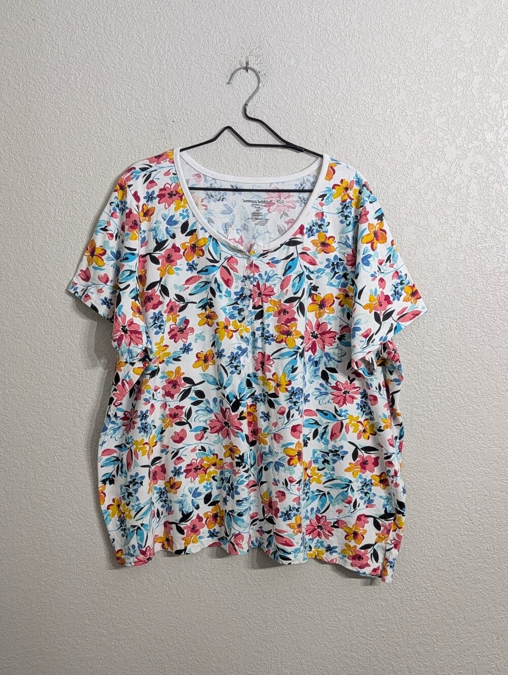 Woman Within Multicolor Floral Top Plus Size 2X Short Sleeve Casual Comfy Spring